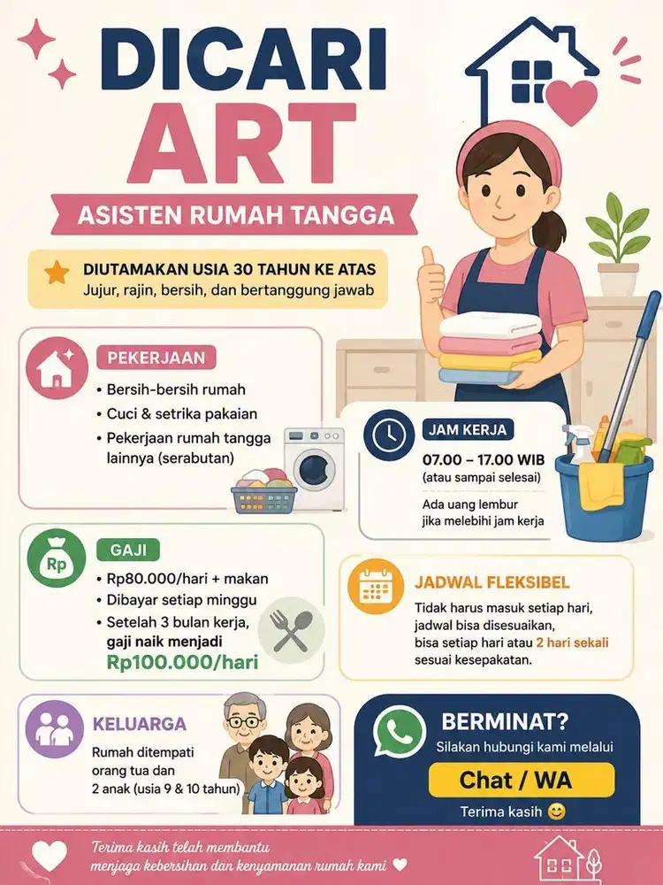Dibutuhkan ART pulang pergi area Lawang