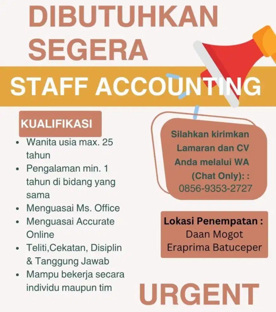 URGENT DIBUTUHKAN SEGERA STAFF ACCOUNTING