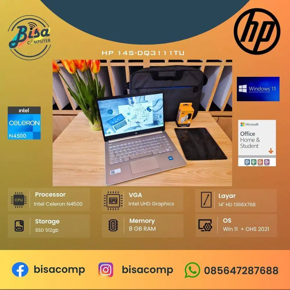 HP 14s-dq3111TU Intel N4500 SSD 512gb Ram 8gb 14inchHD Backlit Tas Ori