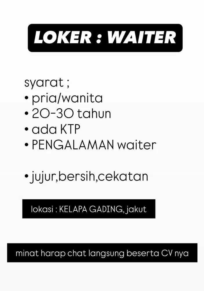 LOKER WAITER kelapa gading jakarta utara