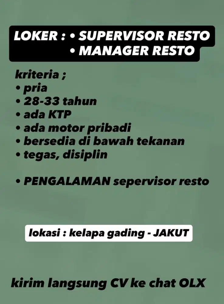 SUPERVISOR MANAGER RESTORAN