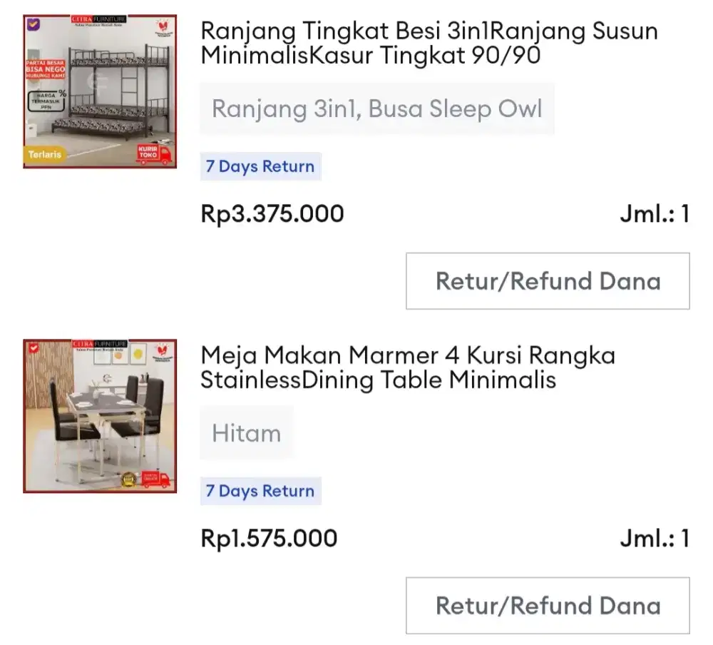 Tempat tidur dan meja makan