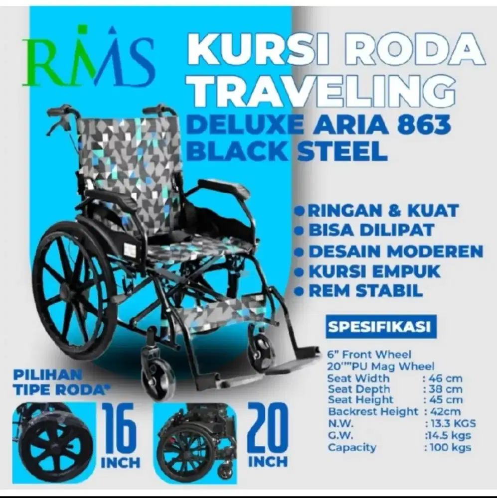 Kursi Roda RMS ARIA 20 Batik Biru