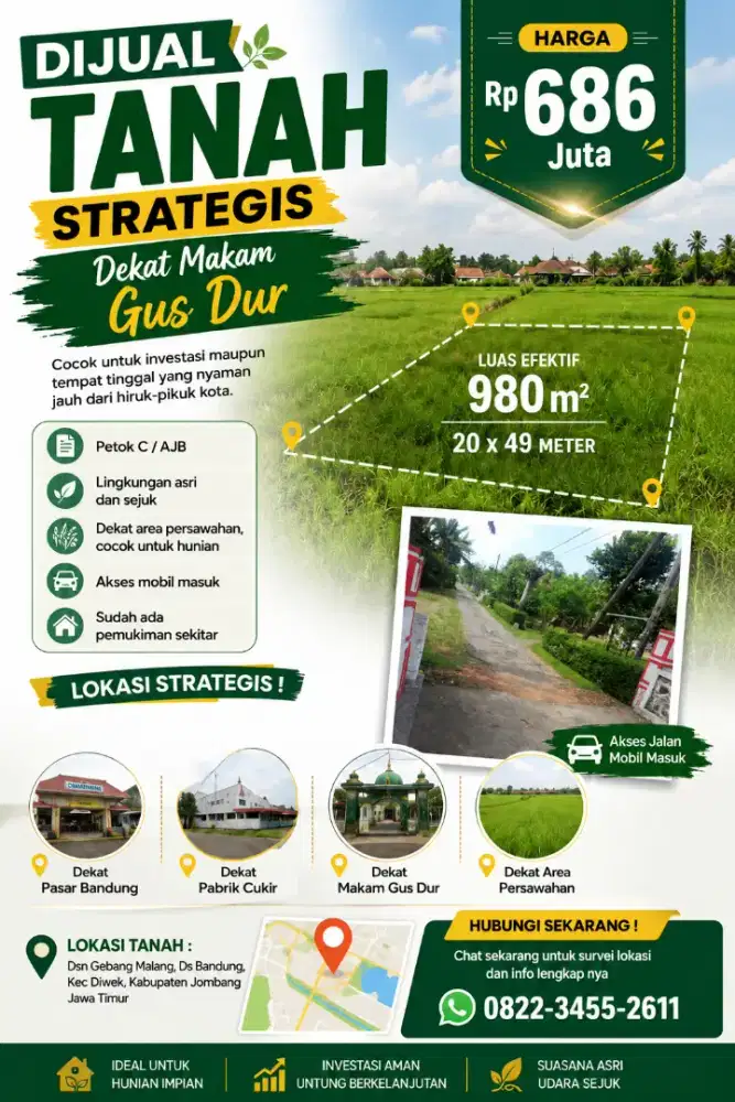 Dijual Tanah Luas 980 m² Harga terjangkau