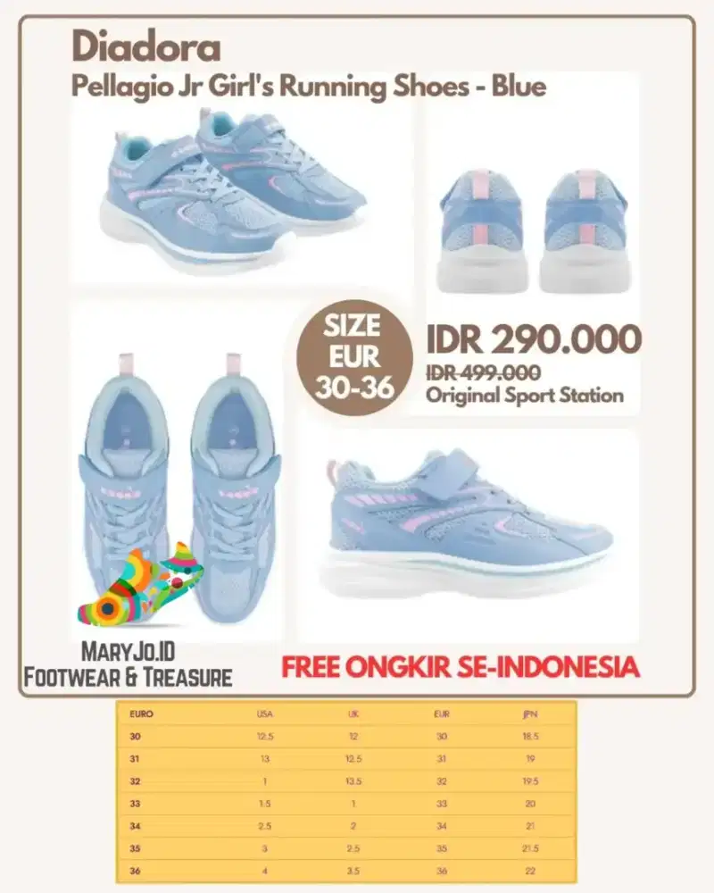 Diadora Pellagio Jr Girl's Running Shoes - Blue : Size 30-36