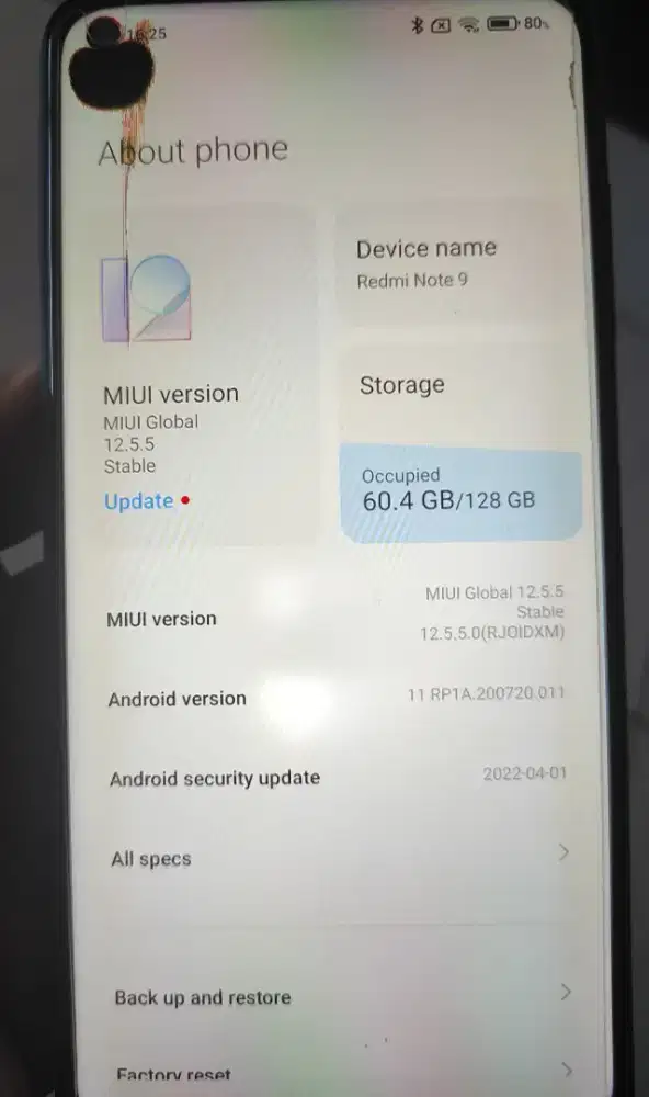 HP redmi note 9, ram 8 , memori 128, minus Lcd