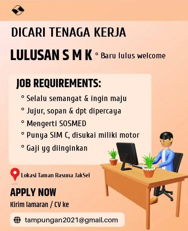 Dibutuhkan segera tenaga kerja admin. Lulusan SMK/SMA Welcome