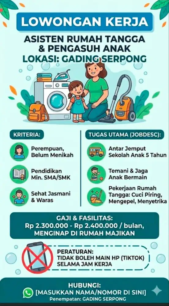 Dibutuhkan pembantu yang bisa momong area gading sepong Tangerang