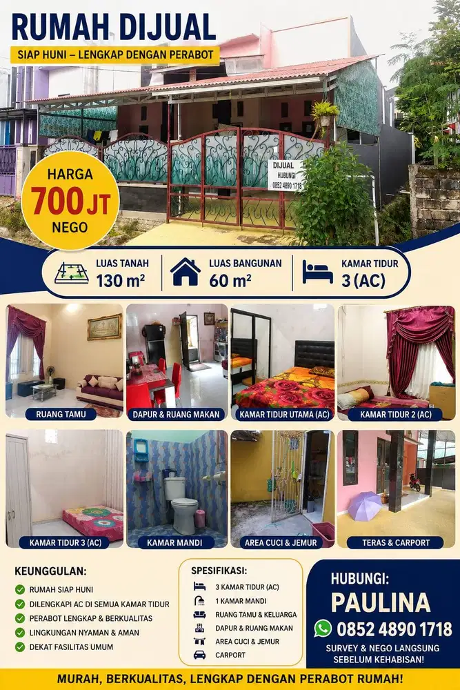 Rumah Dijual LT130/LB60 Renovasi Dapat Isi Rumah: Kasur, AC,dll