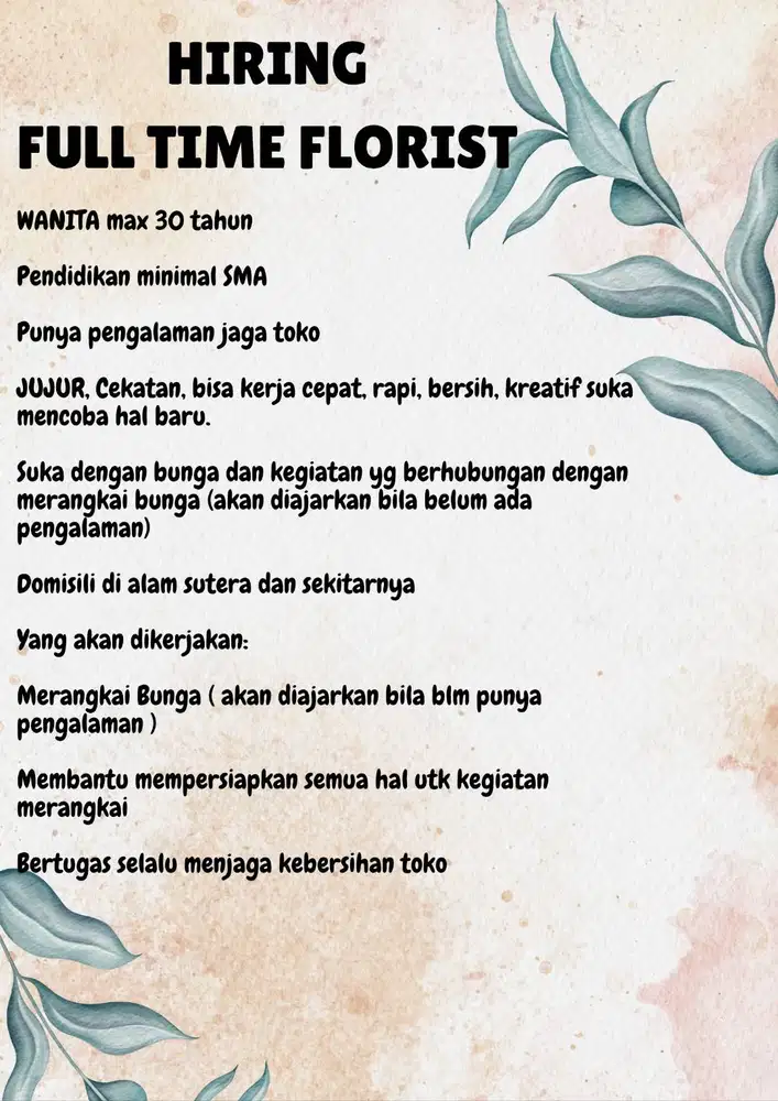 LOWONGAN KERJA KARYAWAN TOKO BUNGA ALAM SUTERA