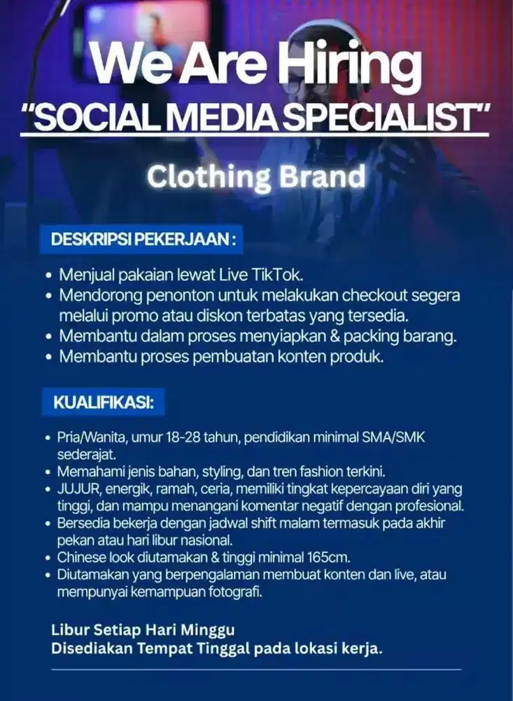DIBUTUHKAN SOCIAL MEDIA SPECIALIST (LIVE & KONTEN) BRAND FASHION