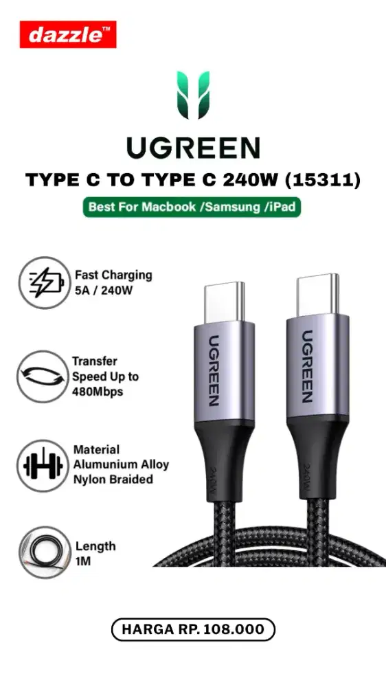 UGREEN TYPE C TO TYPE C CABLE 240W (15311)