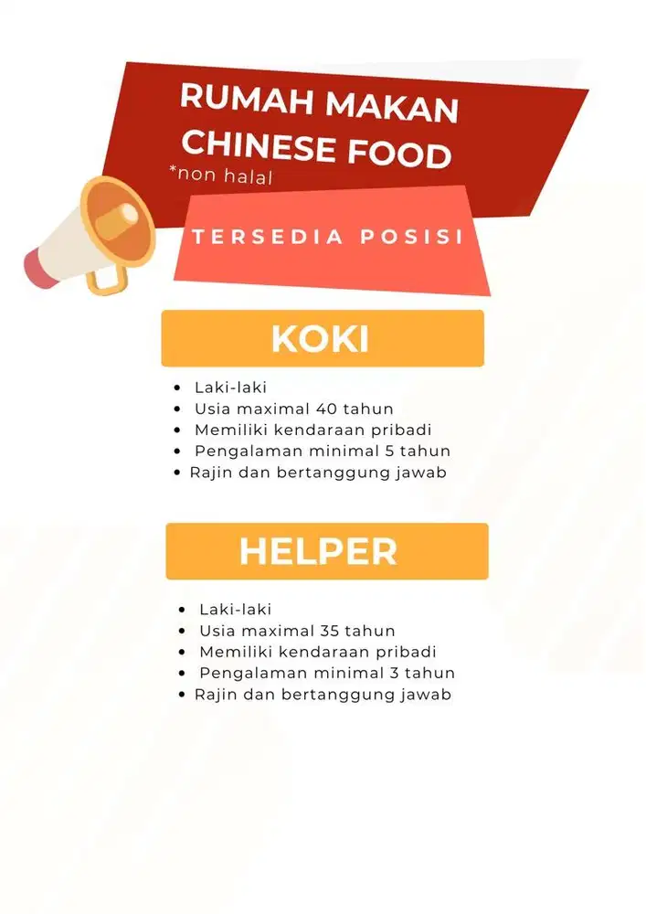 WE ARE HIRING rumah makan chinese food