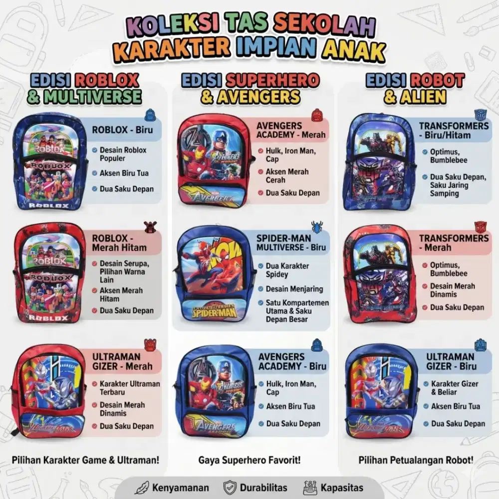 Tas Ransel Karakter Avengers Spiderman Ultraman Transformers Roblox