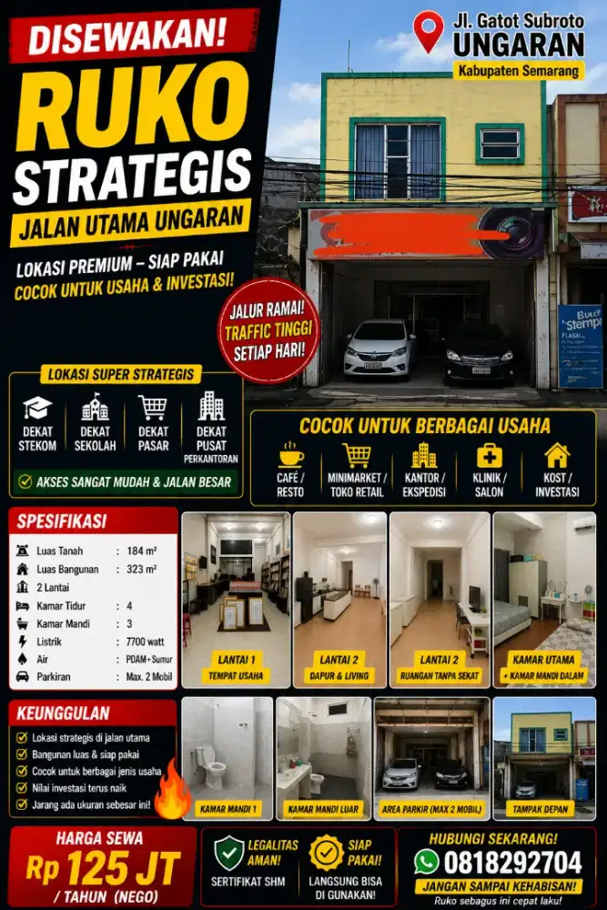 RUKO DISEWAKAN UNGARAN PINGGIR JALAN UTAMA