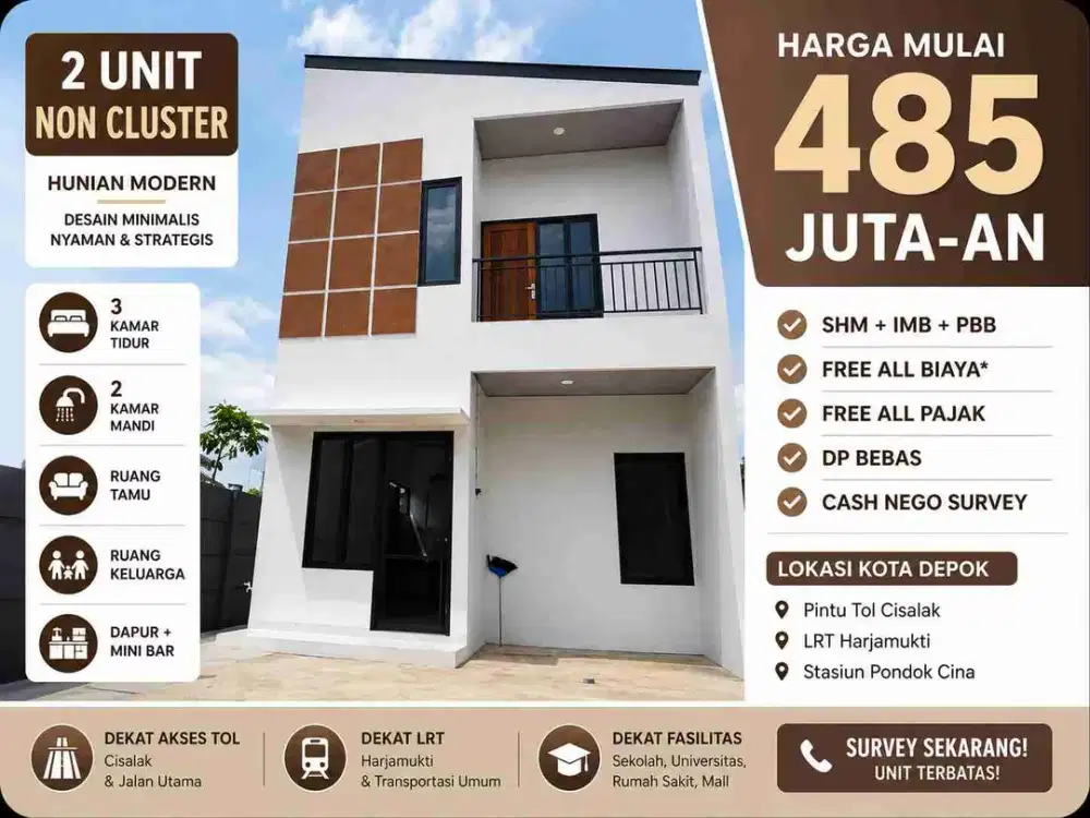 Di Jual Rumah New 2 Lantai di Sukamaju Baru Cimanggis Depok Dekat LRT Harjamukti