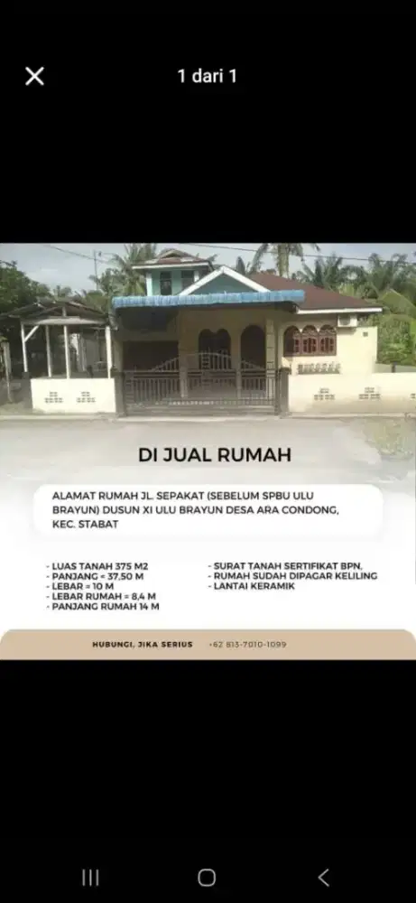Dijual rumah di jl stabat secamggang desa ulu brayun gg. Sepakat