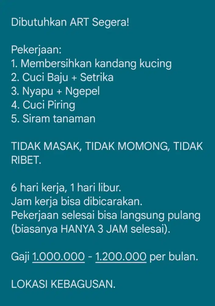 Cari ART 3 jam only / hari