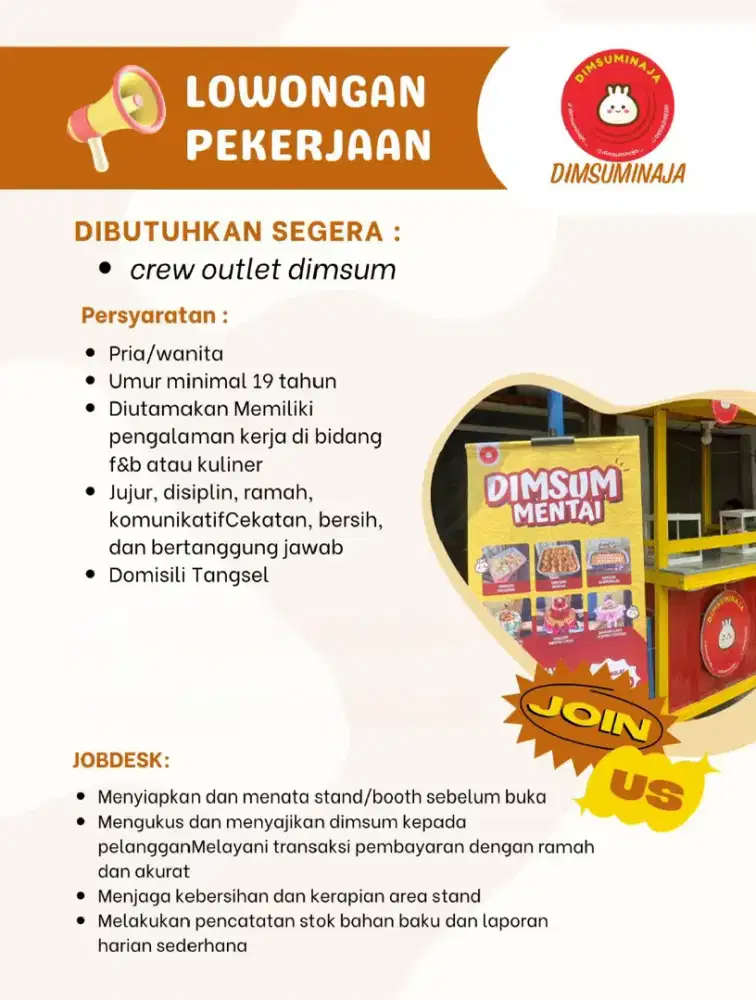 Di Cari Pria/Wanita Untuk Jaga Outlet Dimsum