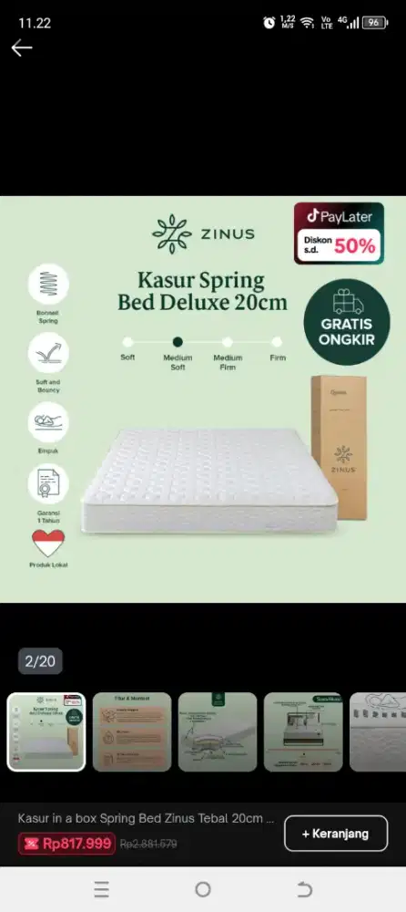 SALE KASUR ZINUS DELUXE 90x200x20cm