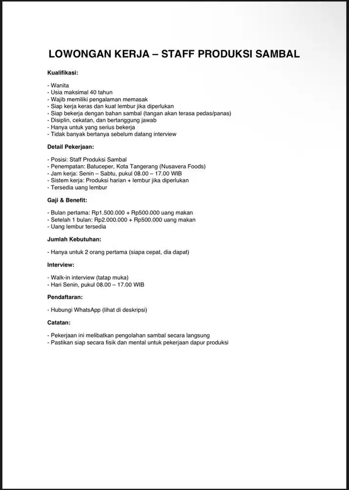 Staff Produksi dan Packing (Urgent)