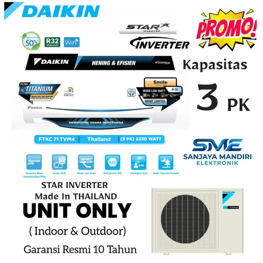 DAIKIN AC Split Kapasitas 3 PK STAR INVERTER THAILAND 3 PK - STKC71TV