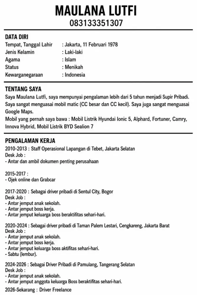 Mencari pekerjaan Supir Pribadi (harian,mingguan,bulanan)