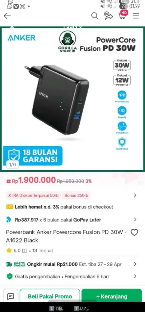 Kepala charger plus powerbank merk anker powercore fusion pd
