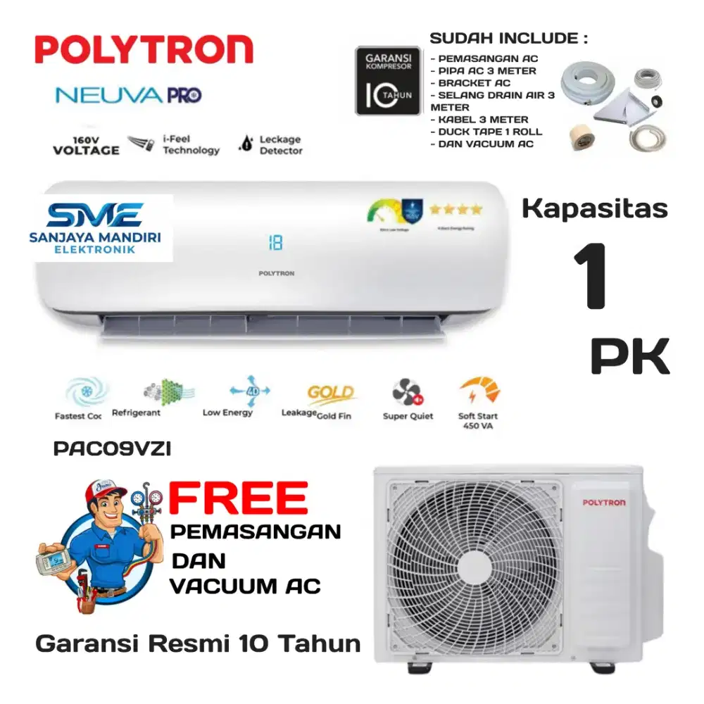 FREE PASANG! POLYTRON AC 1 PK With HEPA Filter PAC-09VZI Gold Fin R32