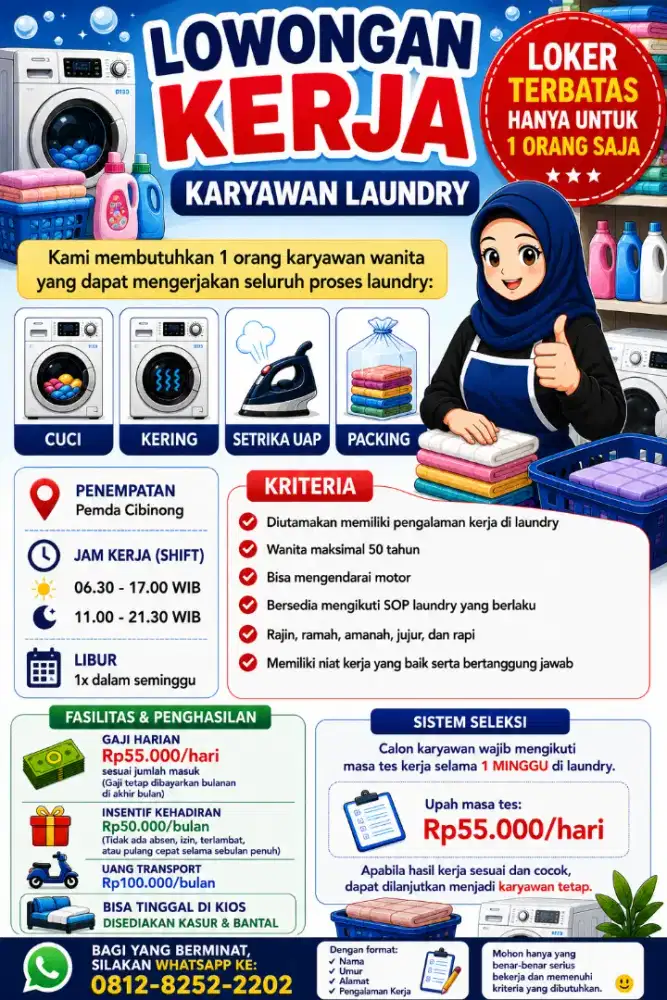 dibutuhkan untuk karywan laundry wanita
