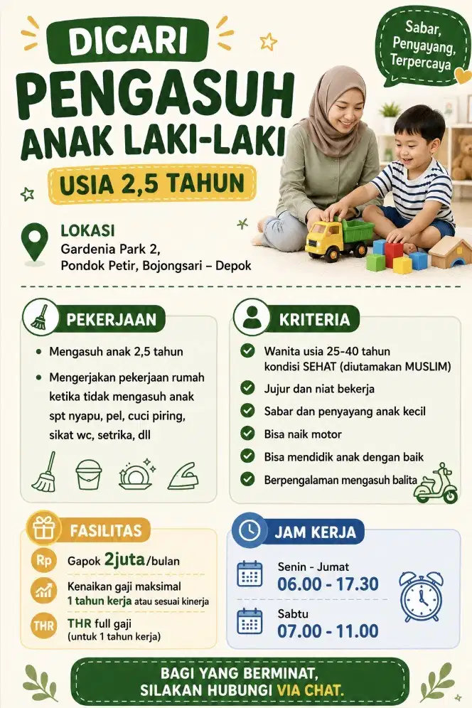Pengasuh anak 2,5 tahun di Pondok Petir Bojongsari