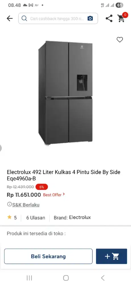 Electrolux 492 liter kulkas 4 pintu side by side