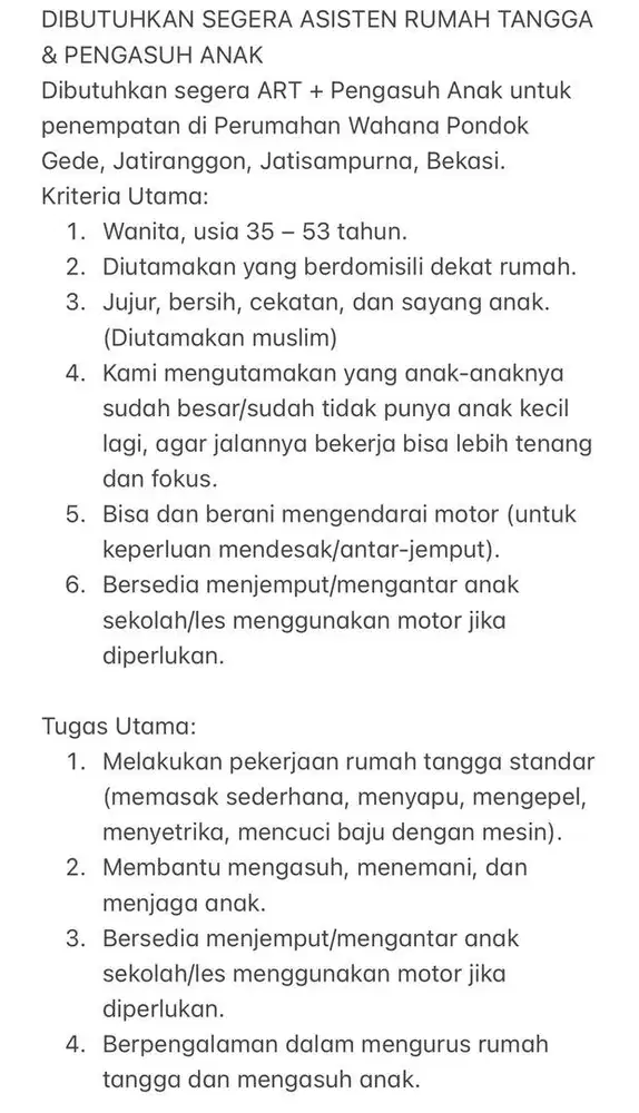 Dibutuhkan ART dan Pengasuh Anak