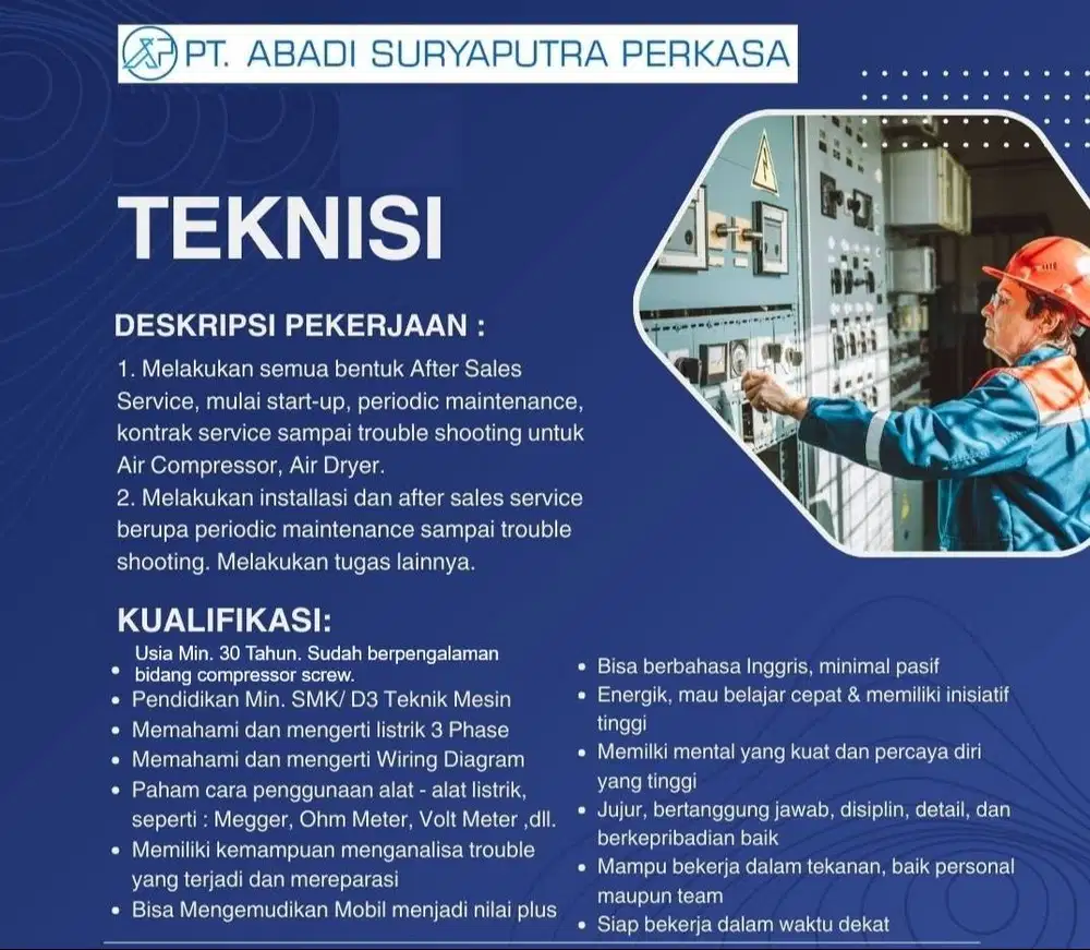 LOWONGAN KERJA HELPER TEKNISI