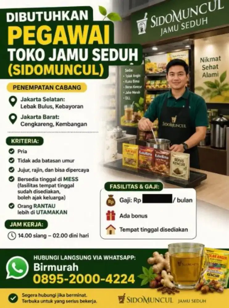 Loker lowongan kerja toko pegawai jamu tanpa pengalaman ada mess