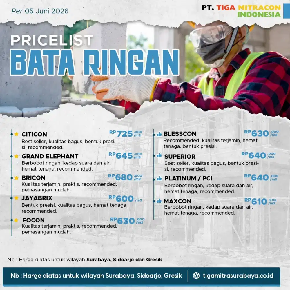 Pricelist Terbaru Bata Ringan | Panel Lantai | Semen Mortar