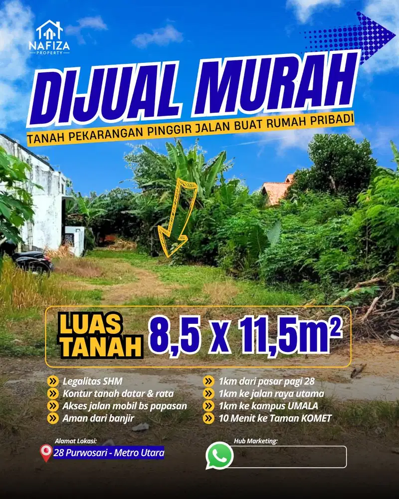 DIJUAL TANAH PEKARANGAN MURAH DEKAT PASAR PAGI 28 PURWOSARI METRO