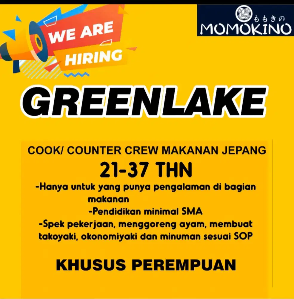 Dicari crew makanan jepang di momokino greenlake