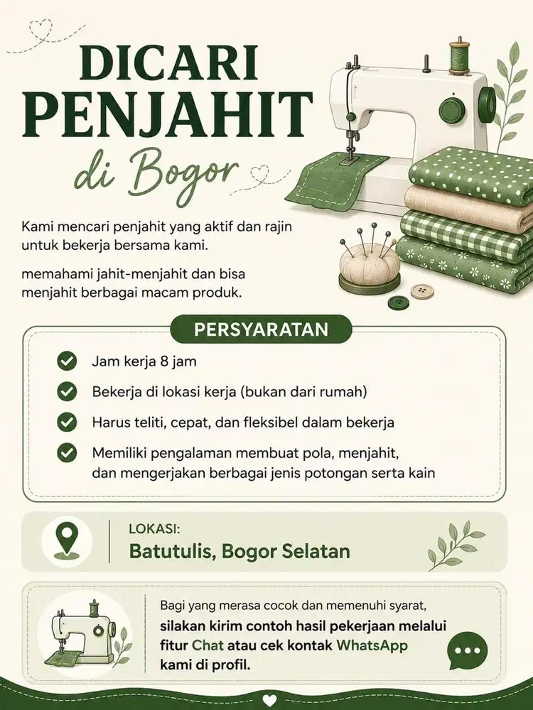 Lowongan Penjahit Berpengalaman yang Bisa Membuat Pola - Bogor Selatan