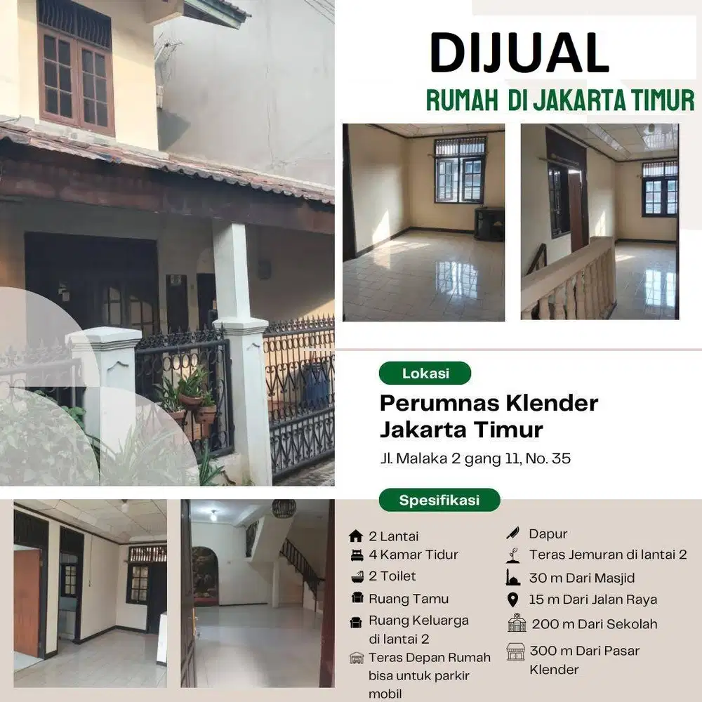 Dijual Rumah 2 Lantai Perumnas Klender Duren Sawit