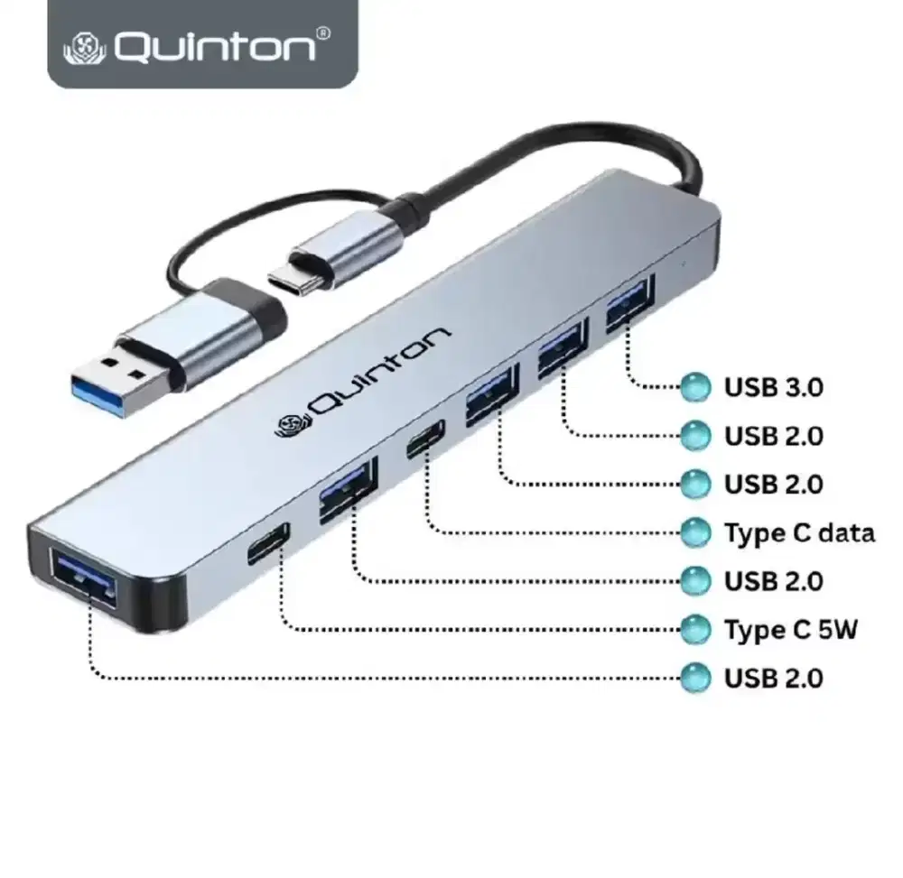 Quinton USB hub 7 in 2 3.0 type c multi fungsi aluminium untuk tablet