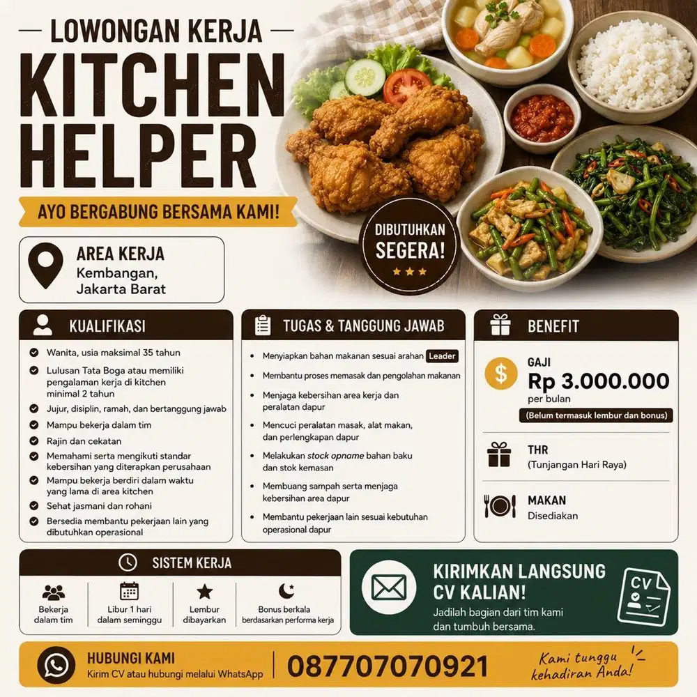 Dicari Segera Staff Kitchen Lulusan Tata Boga Wanita max usia 35th