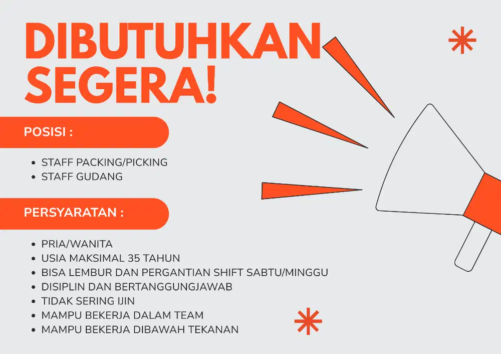 Dibutuhkan Karyawan Cewek/Cowok Staff Packing atau Gudang