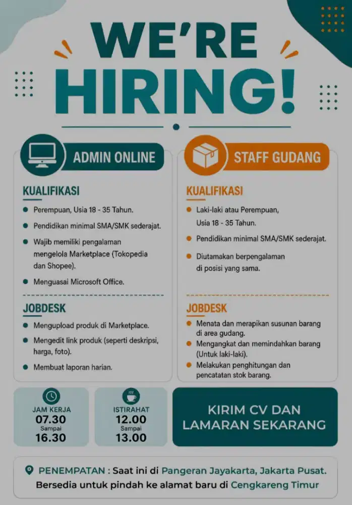 Lowongan admin online dan staff gudang