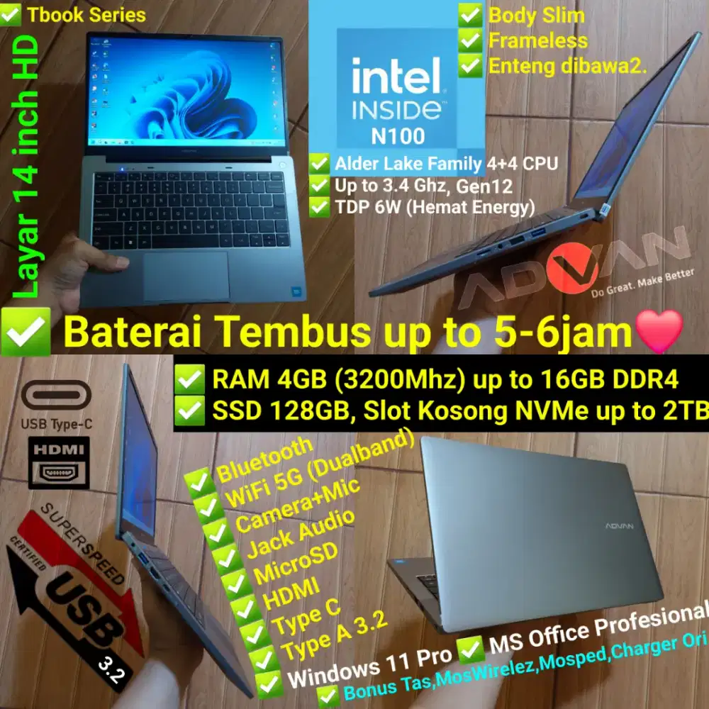 Laptop Intel N100 Gen12 RAM 4GB 3200mhz SSD 128GB Advan Tbook14