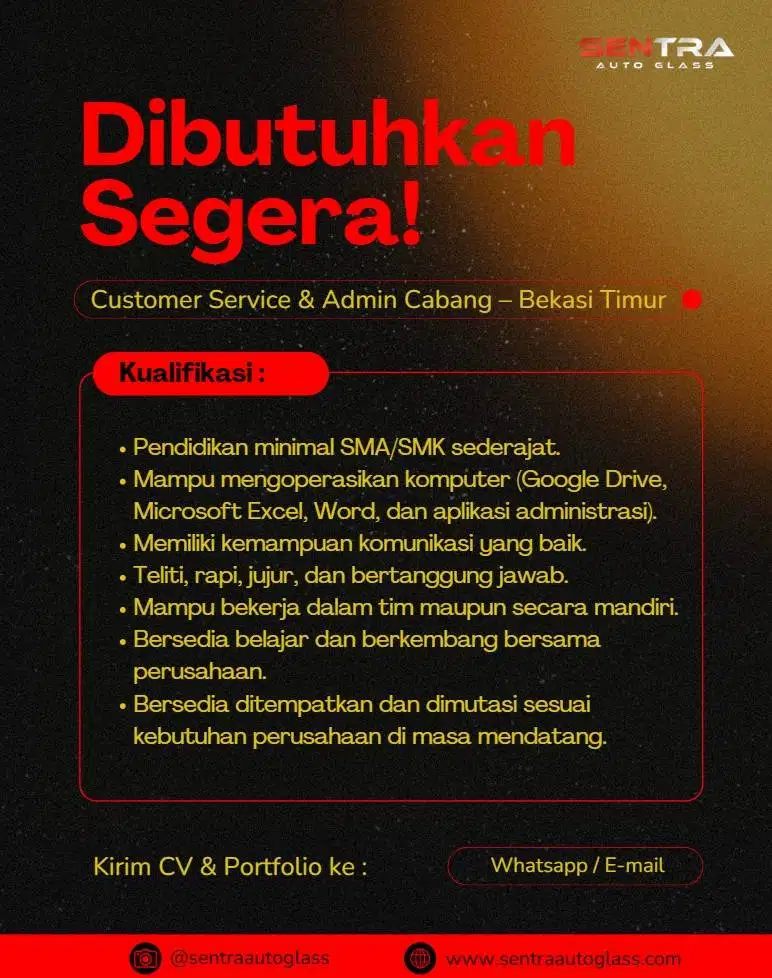 LOWONGAN KERJA - CUSTOMER SERVICE DAN ADMIN CABANG BEKASI