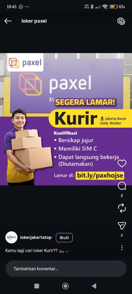 Loker kurir paxel area Kebayoran lama