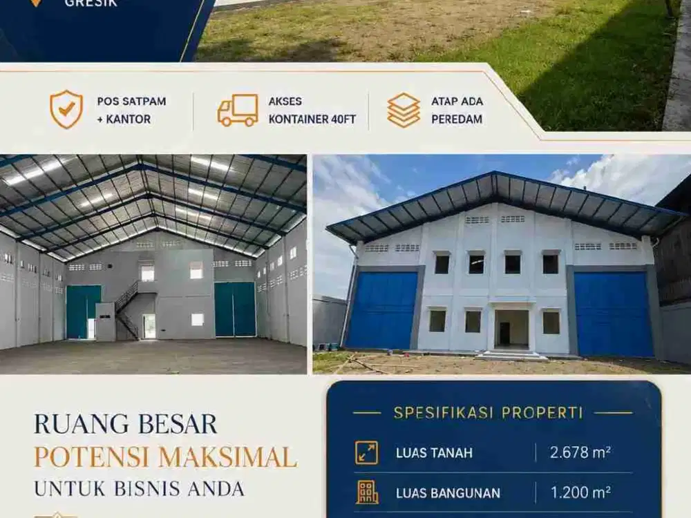 HOT LISTING
Gudang Gresik  KOMERSIAL NEW
Pos satpam+kantor
Akses Kontainer 40ft
Atap ada Peredam