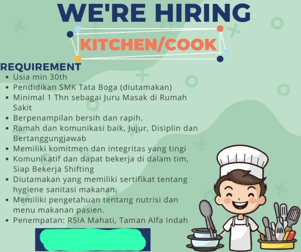 Mencari Chef utk ditempatkan di RSIA, Jakarta Selatan
