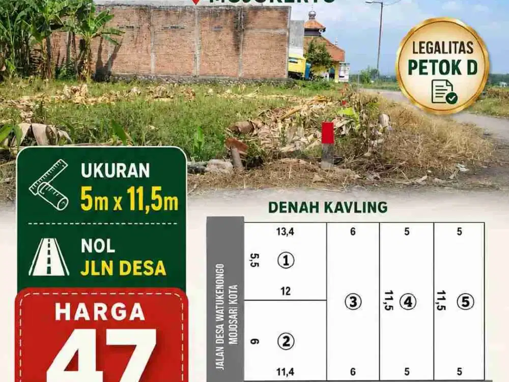 5 Unit Tanah Kavling Pekarangan siap Bangun di Desa Watukenongo, Mojosari, Mojokerto